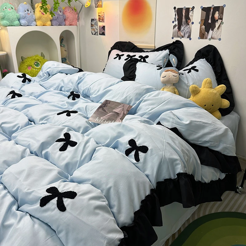 法式少女奶油风花边蝴蝶结毛巾绣水洗四件套三件套床单床笠床品