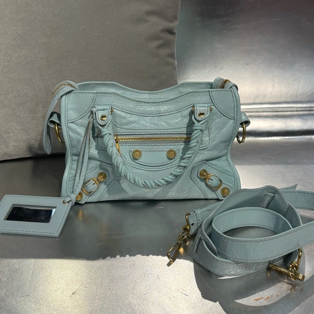 95新 Balenciaga/巴黎世家 冰淇淋蓝金钉油蜡mini机车手提斜挎包