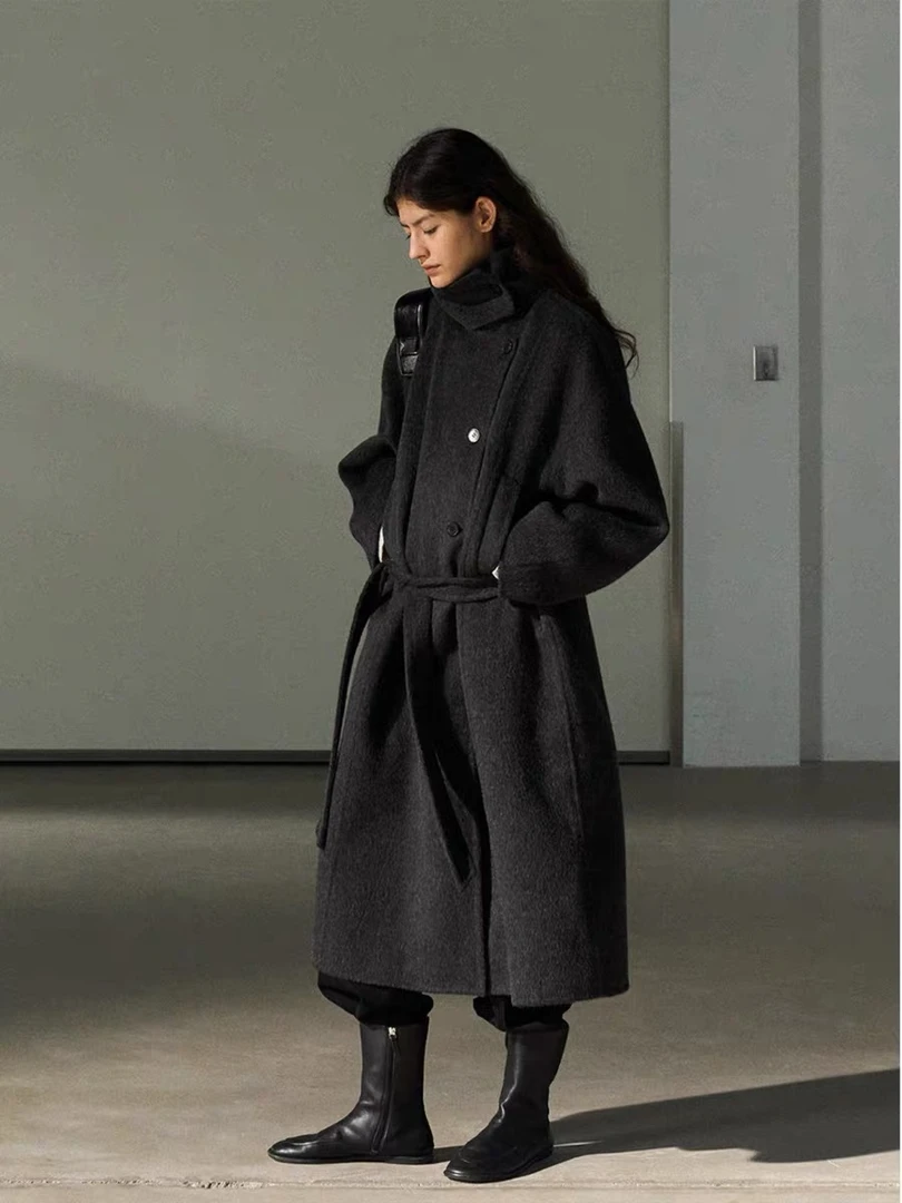 S·KBKZ韩版气质知识分子风立领慵懒长袖时尚长款毛呢外套2618