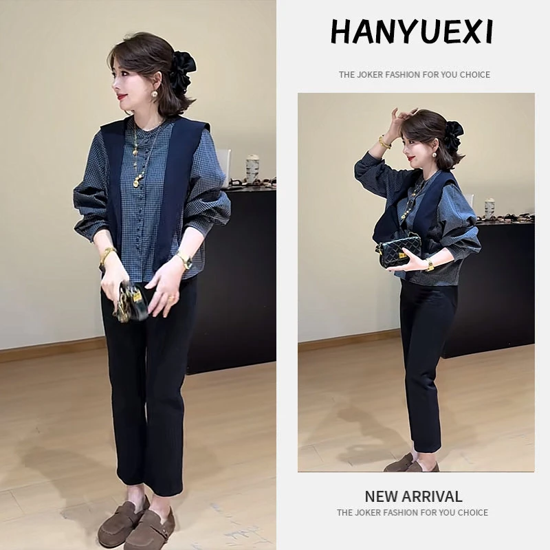 秋季搭配一整套女装2025新款韩版披肩复古格纹衬衫休闲裤三件套