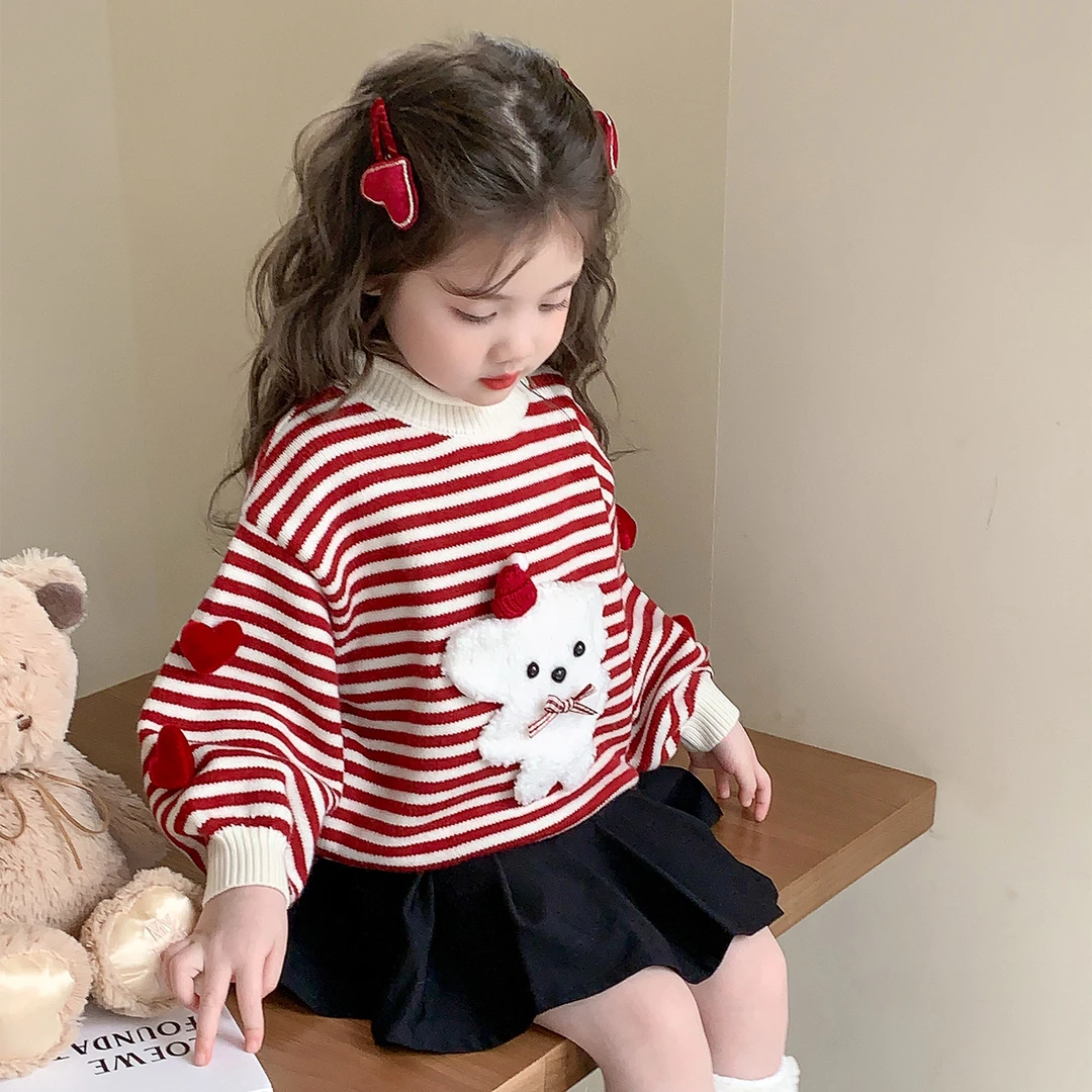 女童条纹毛衣秋冬季新款儿童卡通小狗套头针织衫洋气宝宝加厚线衣