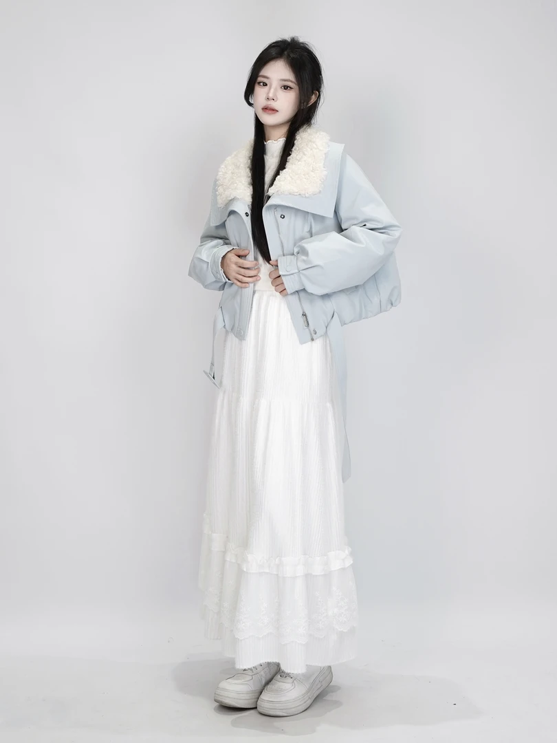 【NEW】秋冬保暖通勤百搭毛领短款羽绒服+修身显瘦长半裙套装