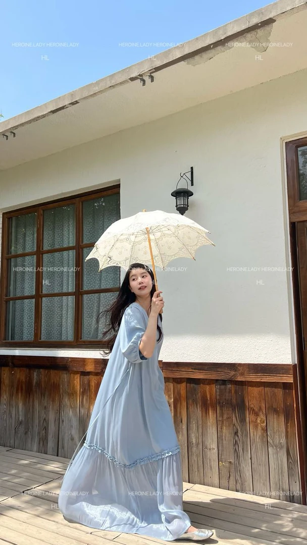 【爱是一道光】HL斜纹棉绸气质法式V领优雅流光显瘦长款短袖连衣裙