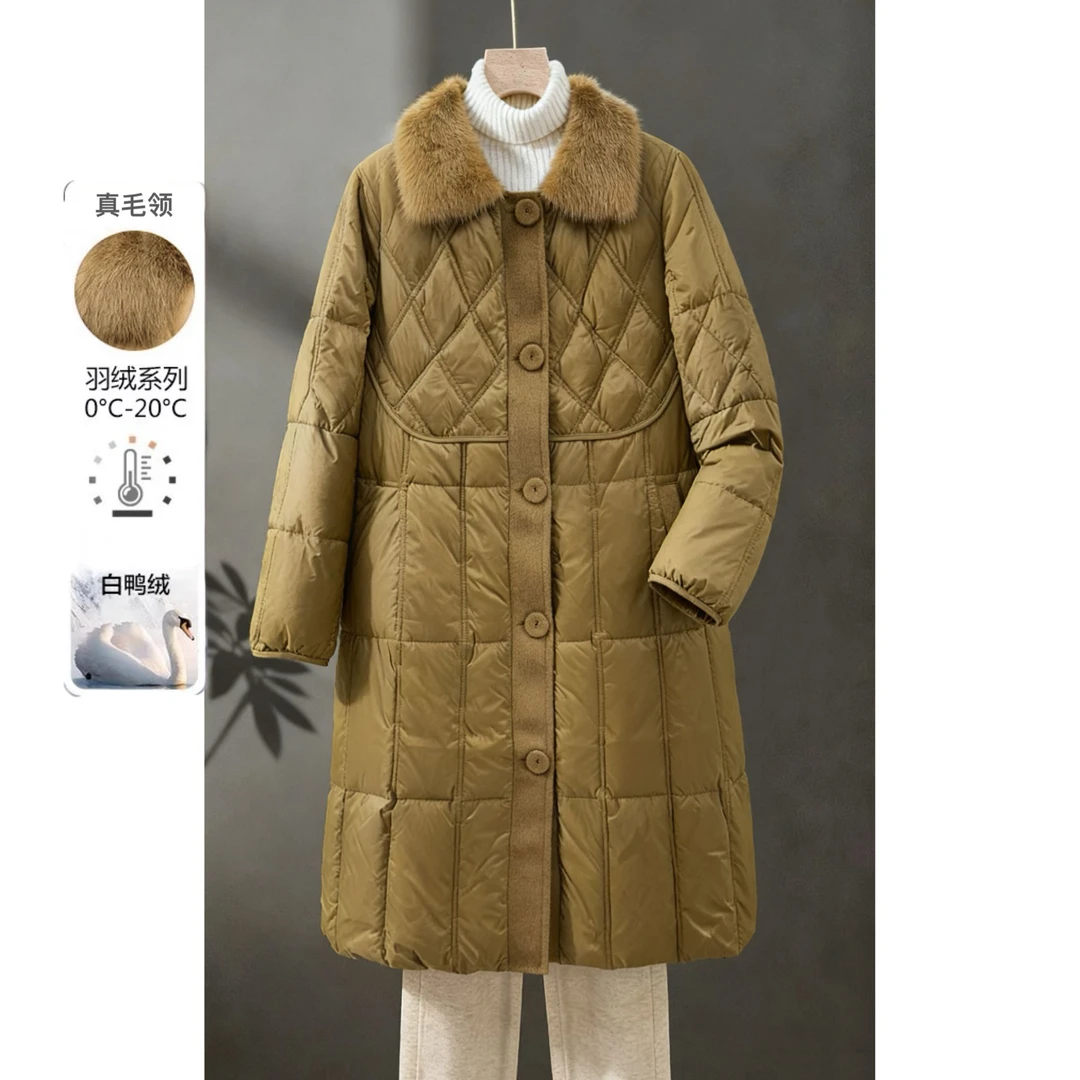 【品牌撤柜 】秋冬高端真毛领女式毛呢拼接中长款羽绒服RY135