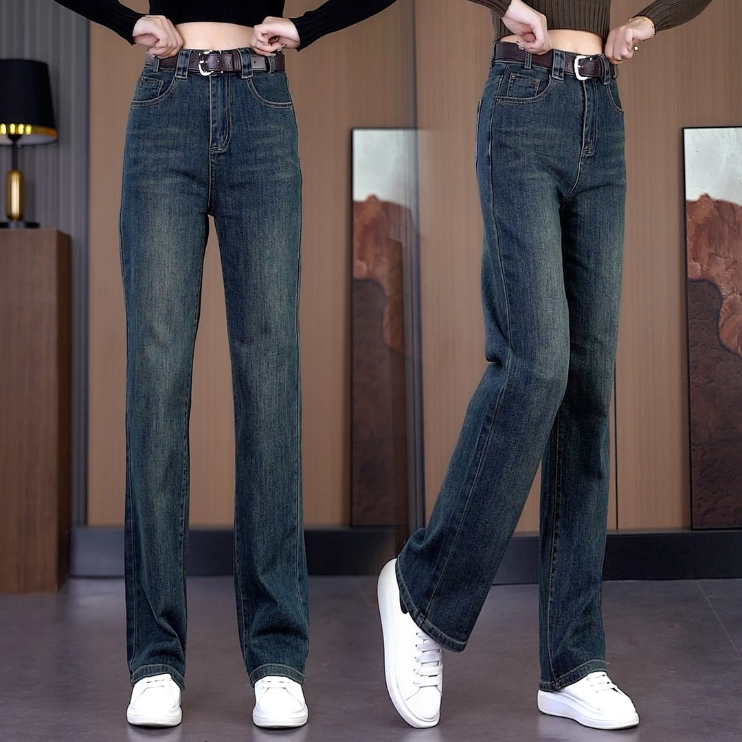 2025春季牛仔裤女新款松紧腰高腰显瘦宽松大码弹力直筒阔腿裤