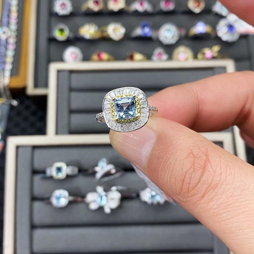 戒圈银S925镶嵌海蓝宝石