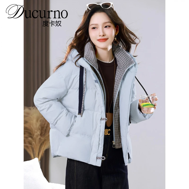 设计感格子拼接假两件服女2025冬季加厚保暖连帽超好看衣外套