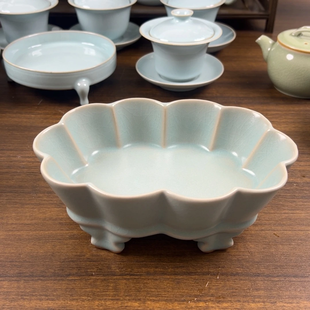 瓷摆件原矿釉水花口洗微瑕