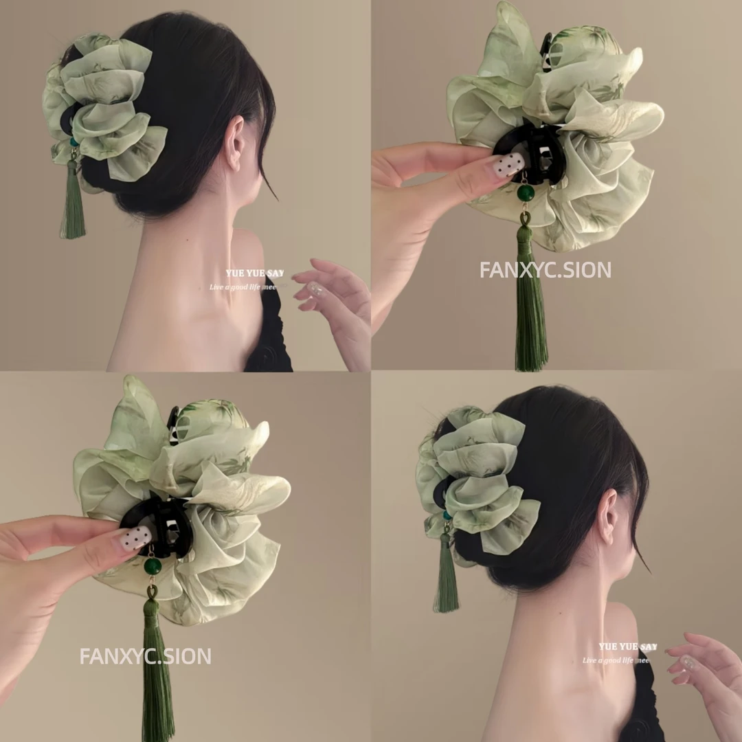 新中式时尚复古流苏云朵网纱抓夹大号发量多气质时尚鲨鱼夹发饰品