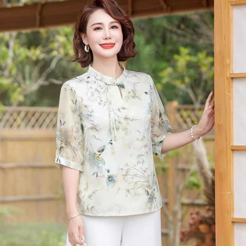 9224-夏季新款新中式国风A字版显瘦圆领中袖妈妈装上衣（B19-3-1）