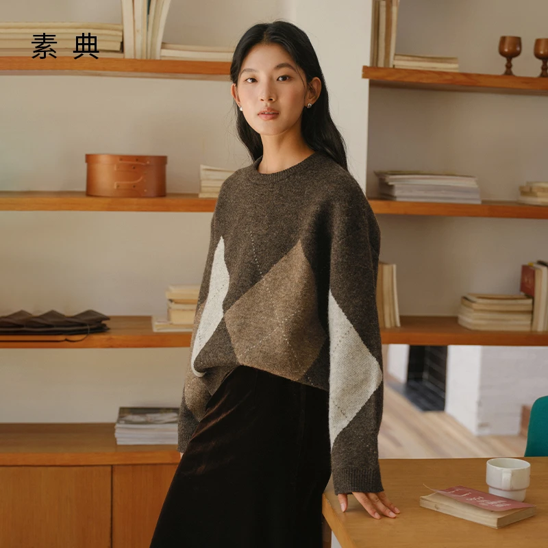 素典【菱格拼图】撞色菱格毛衣慵懒冬款圆领宽松套头羊毛针织衫5370