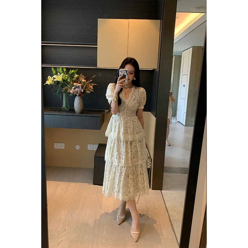 XINYI【赫斯庄园】夏季水溶蕾丝刺绣连衣裙收腰显瘦X625Q10091