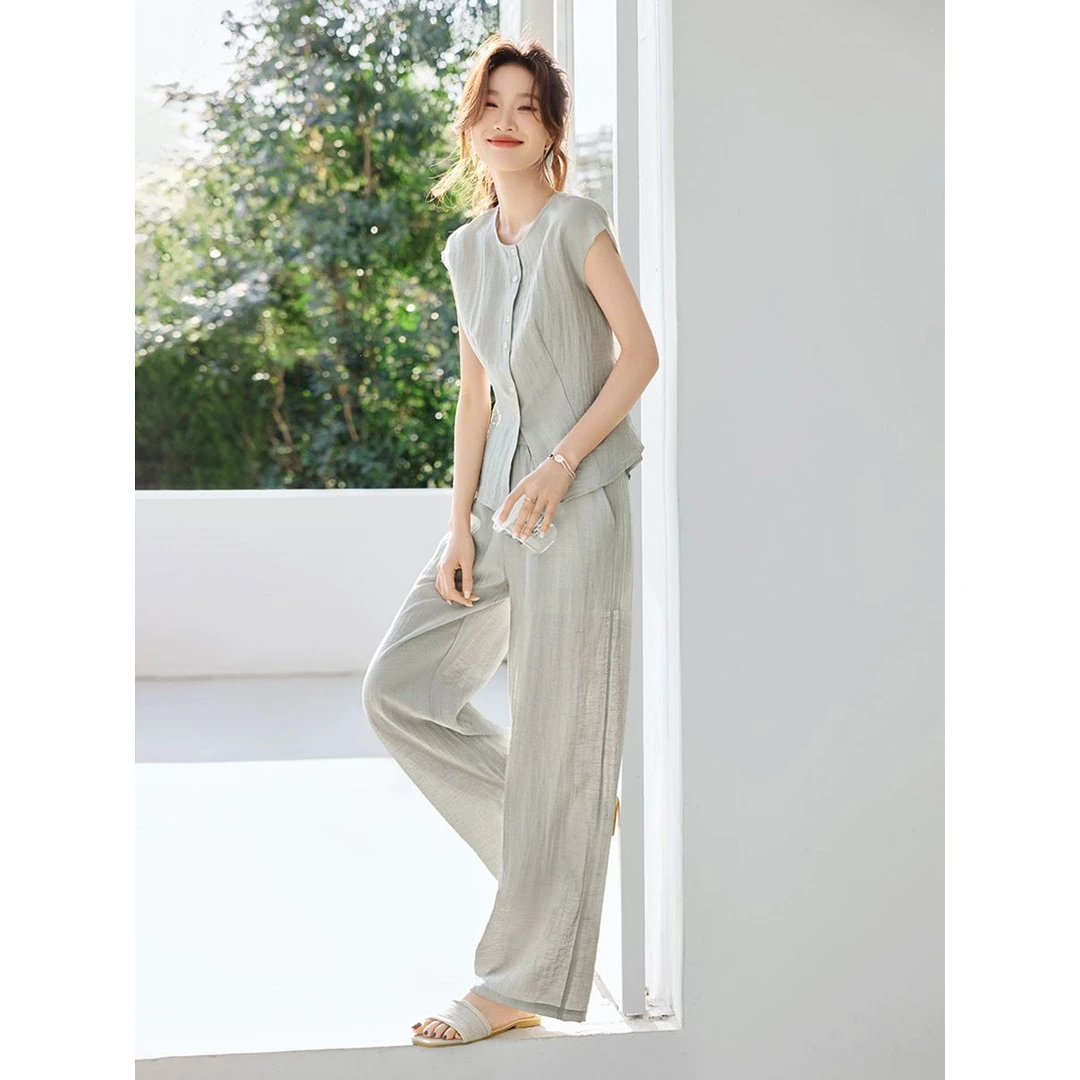新款新款韩版时尚宽松无袖上衣纯色休闲长裤套装女气