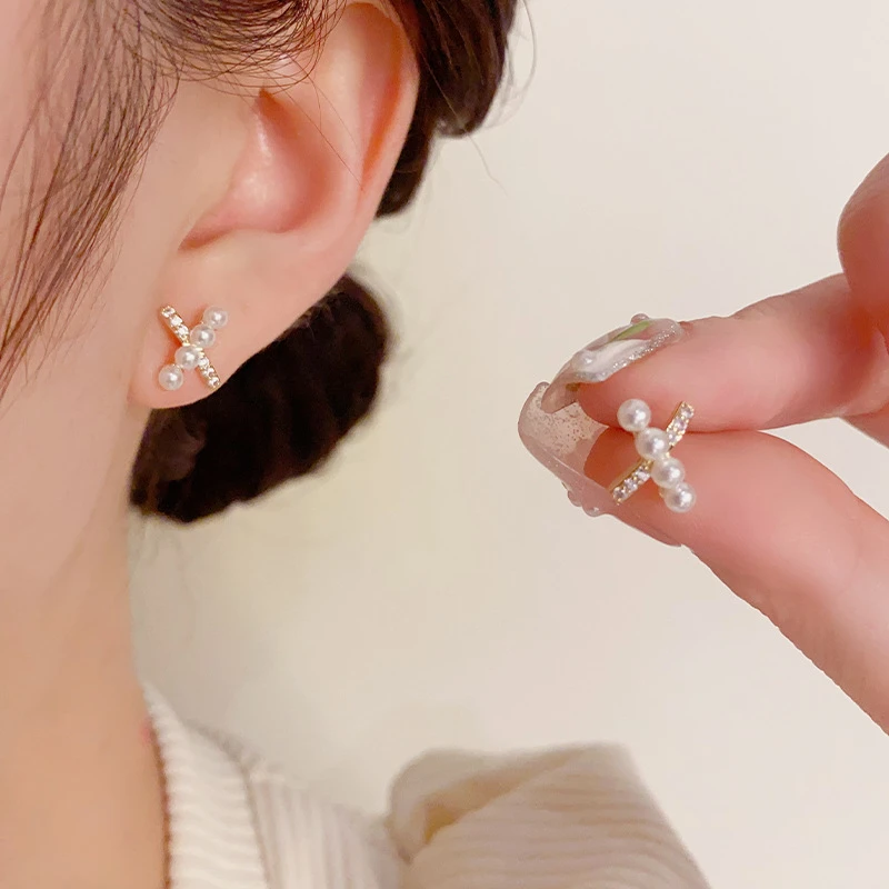 铜合金仿珍珠耳饰 【HD】时尚百搭甜美米珠交叉气质日常通勤款耳钉