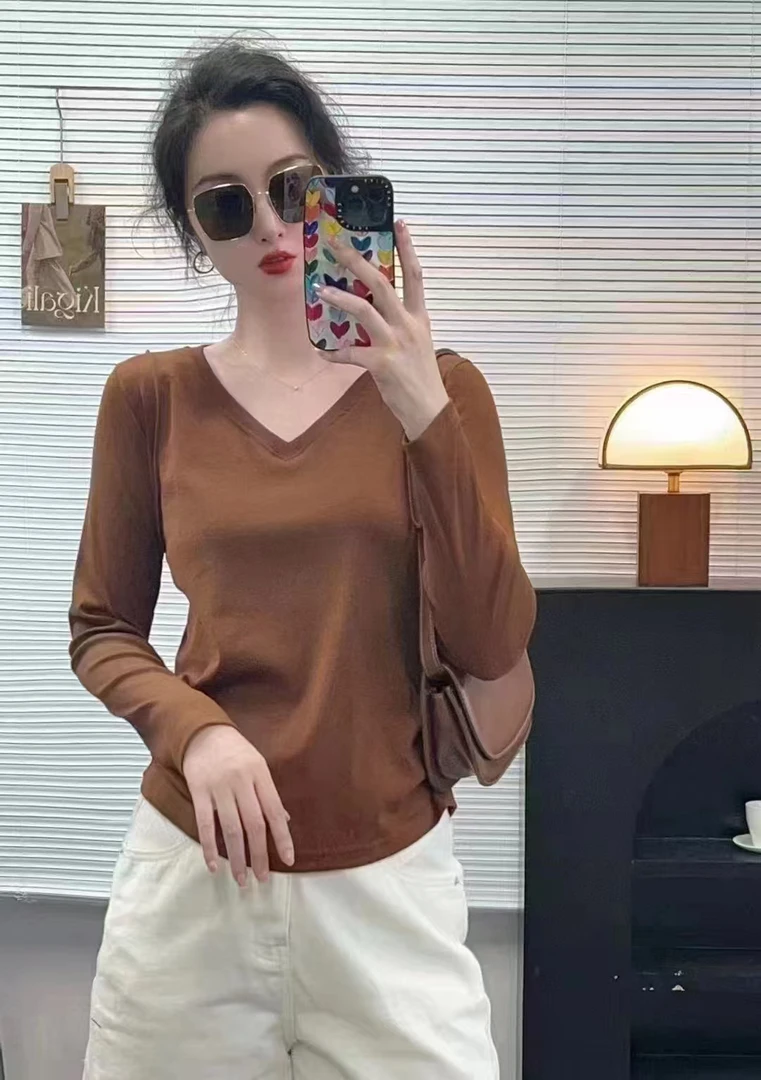 2025春装新款欧货v领纯棉打底衫内搭长袖T恤女春秋款修身显瘦上衣