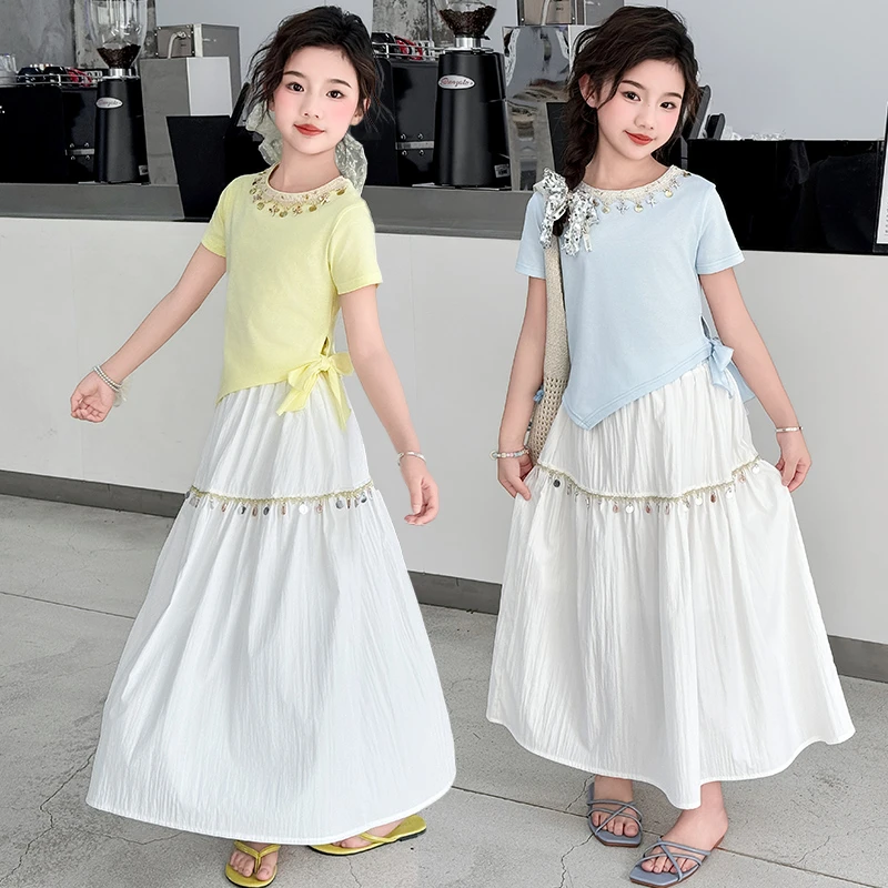 女童夏装半身裙套装2025新款6-12岁15中大童洋气不规则短袖两件套