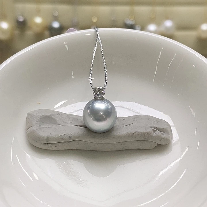 海水珍珠18K金镶嵌吊坠(不含链)银蓝澳白9-10mm