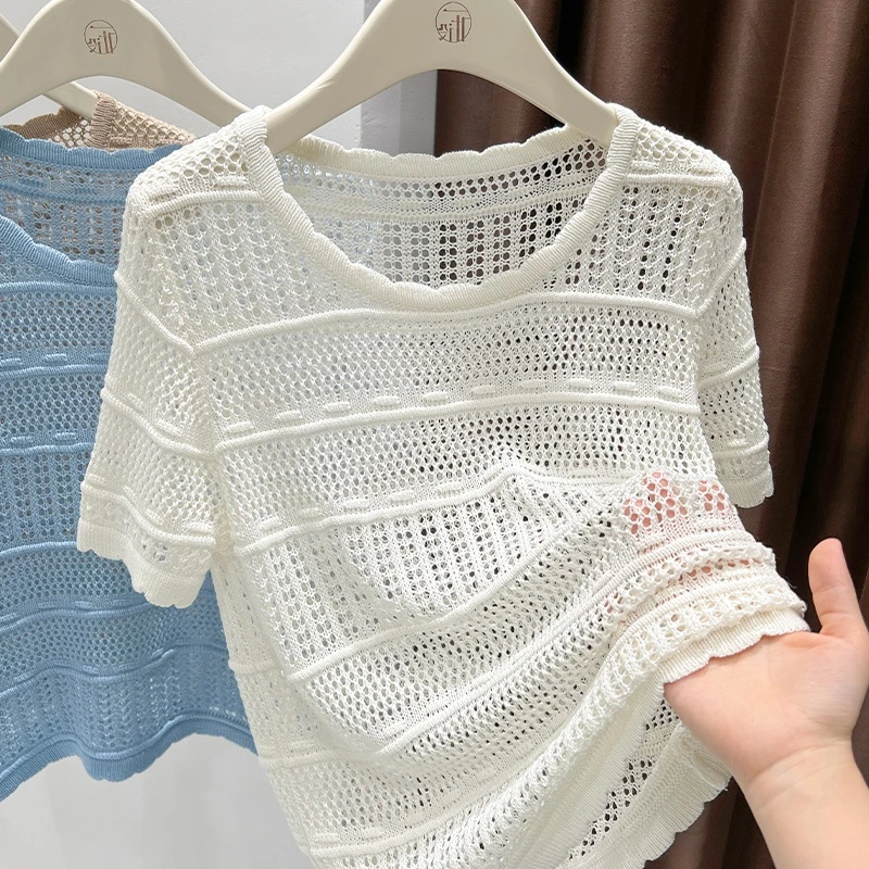 时髦洋气镂空亚麻针织短袖T恤2025夏季新款花边设计感别致上衣女