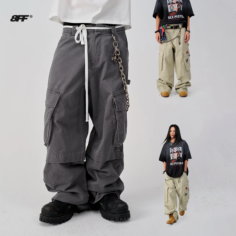 8FF复古做旧水洗大口袋工装裤宽松炮弹松紧腰小众设计休闲裤