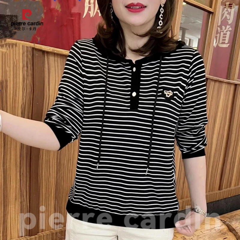 皮尔卡丹春秋季连帽条纹宽松休闲小标显瘦舒适减龄运动中年女依妈