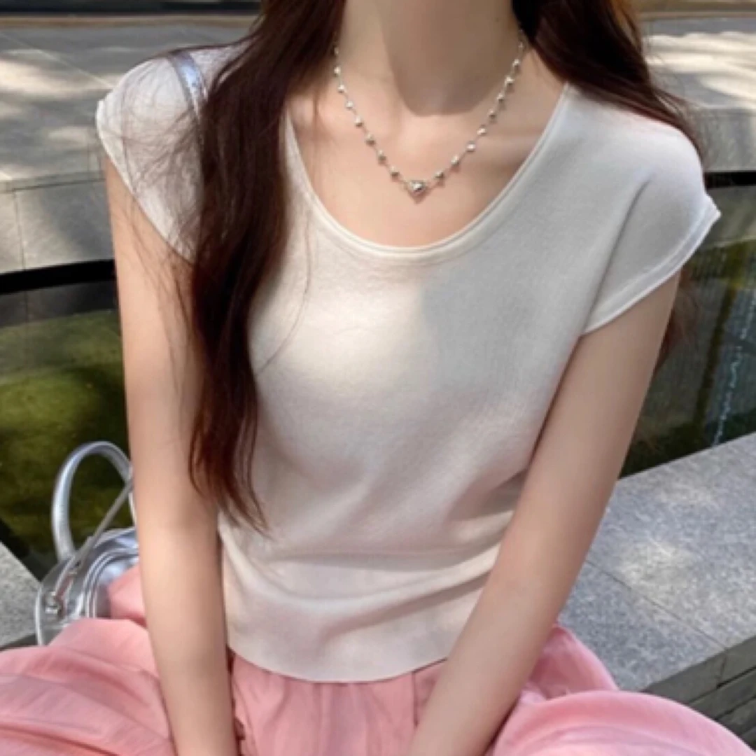 韩系u领小飞袖正肩短袖t恤女2025夏季辣妹修身高腰短款冰丝上衣薄
