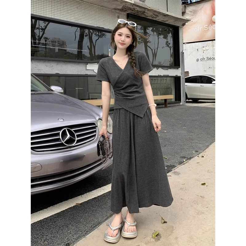 女夏季新款修身显瘦遮肉休闲短袖上衣半身裙气质两件套装