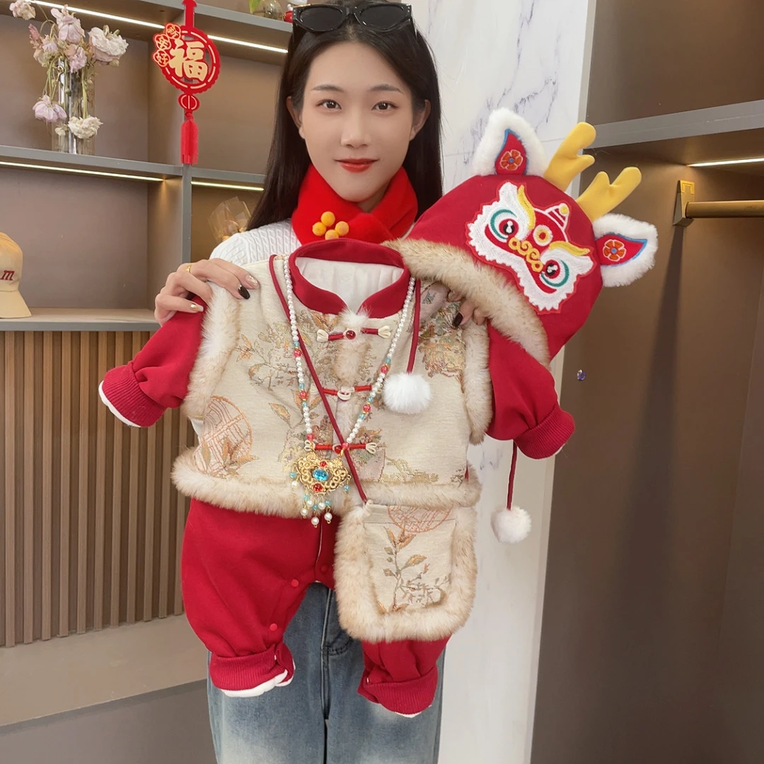 【咪】冬季新款花开富贵男女宝婴幼喜庆贺岁连体中式哈衣爬爬外出服