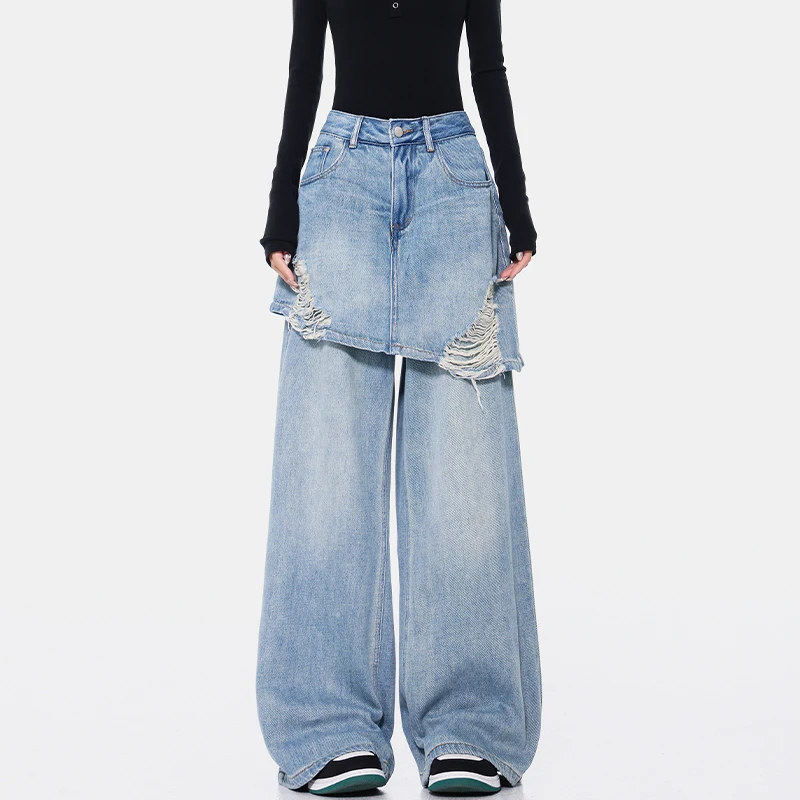 KEN STUDIO春季新款复古蓝水洗假两件牛仔裤女辣妹破洞直筒拖地裤