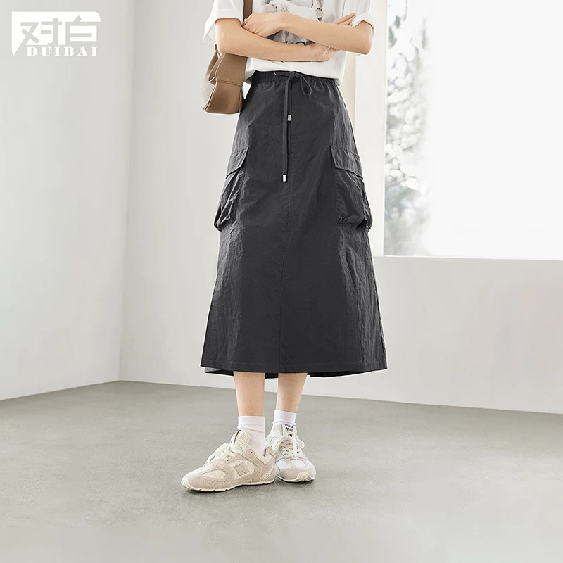 D01对白美式休闲工装半身裙女松紧高腰显瘦a字降落伞裙FDS032