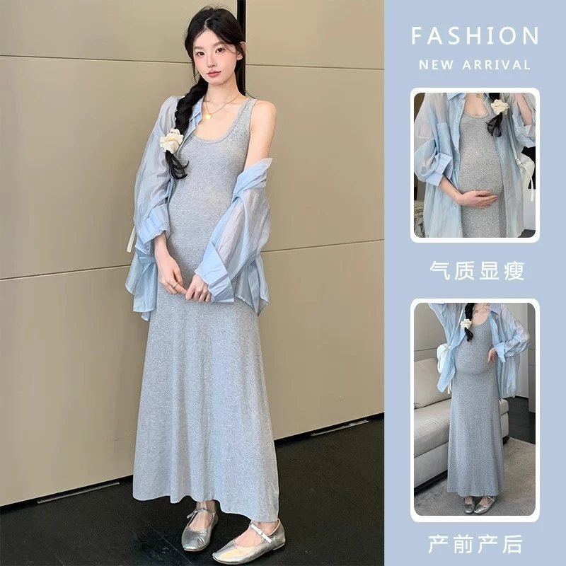 孕妇连衣裙套装新款春夏款时尚U领针织背心裙+翻领长袖衬衫两件套