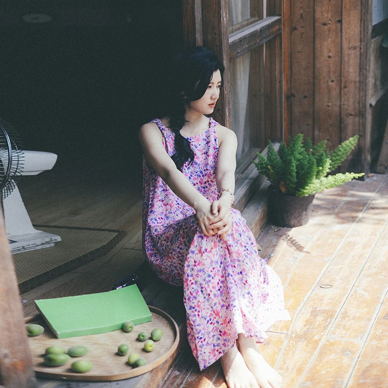 绽放女装321朵/【海街日记·美人鱼】亚麻印花背心裙无袖连衣裙夏