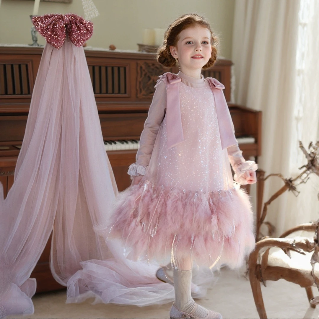 女童粉色公主裙秋儿童鸵鸟羽毛亮片背心裙重工生日连衣裙高级礼服