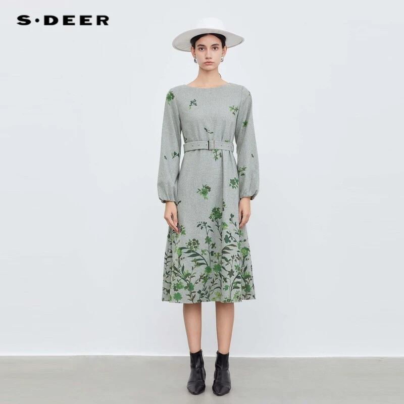 S·DEER圣迪奥女装雅致提花国风中式灯笼袖毛呢连衣裙S23481201