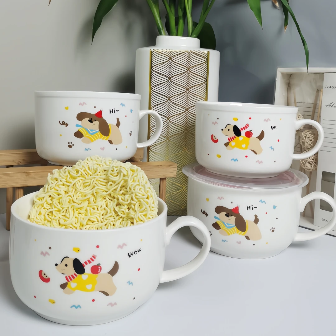 日式创意卡通陶瓷泡面碗带盖碗带把学生宿舍方便面杯饭碗