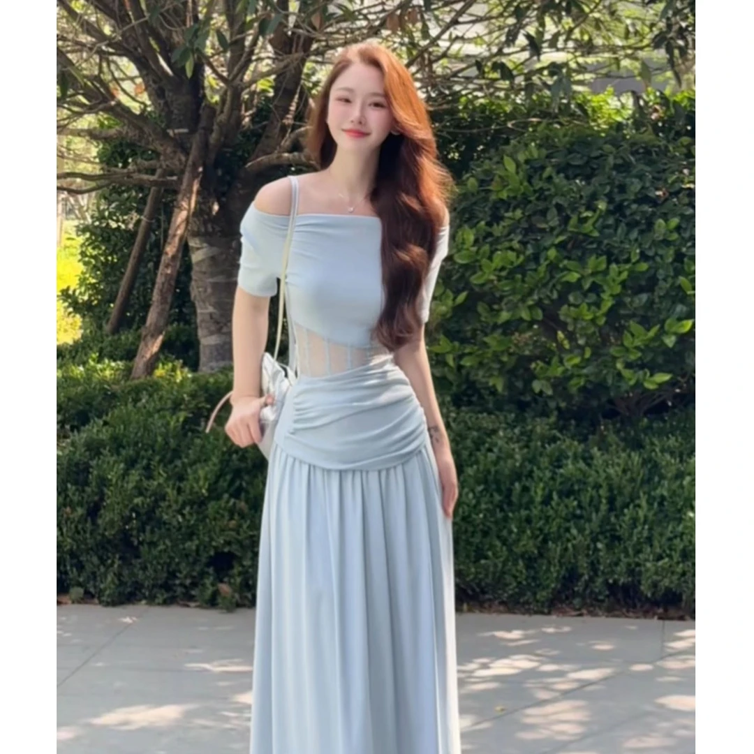 野生辣辣 纸片人 一字肩镂空蕾丝褶皱T恤短袖微胖半身裙大码套装