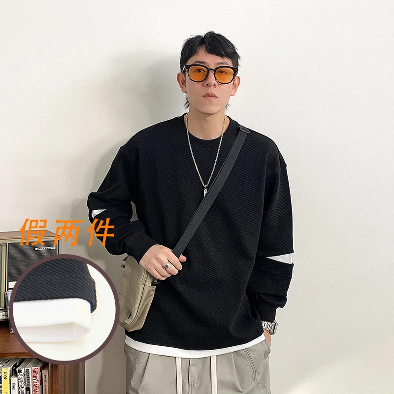 徐太浪弹力面料拼接假两件撞色卫衣男春季立体织造精梭斜纹打底衫