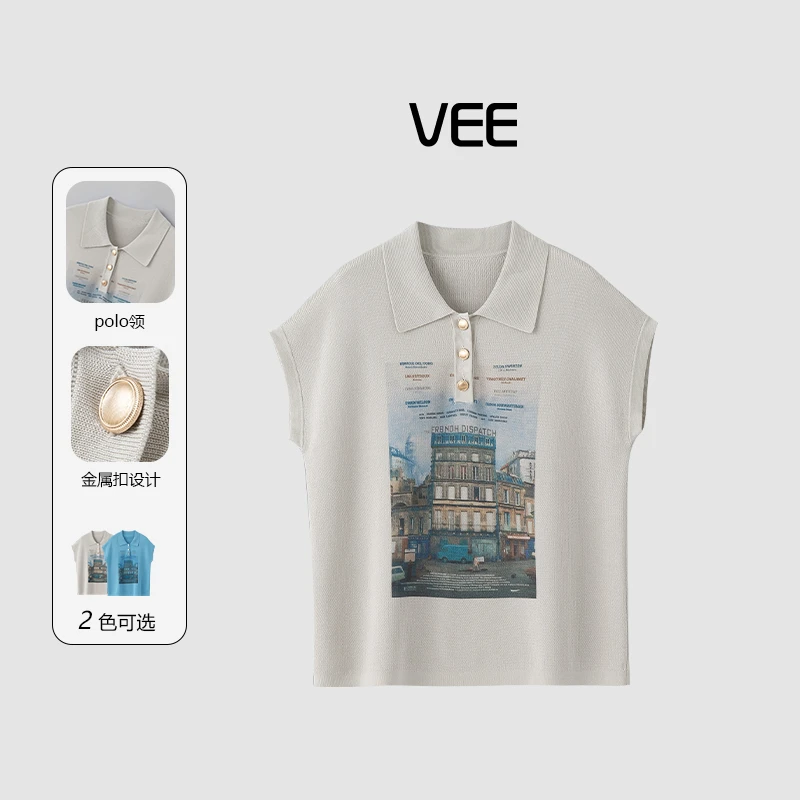 短视频VEE【街景】25夏polo领印花桑蚕丝天丝混纺针飞飞袖针织衫