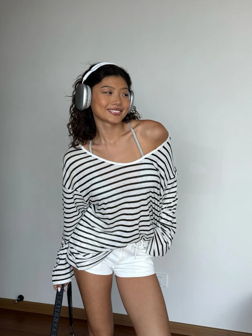 【Fcii】辣妹风条纹微透打底衫宽松T恤X5S3548