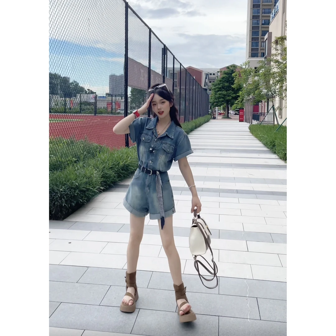 港风复古牛仔连体裤女2025年夏季新款美式辣妹设计感收腰高腰