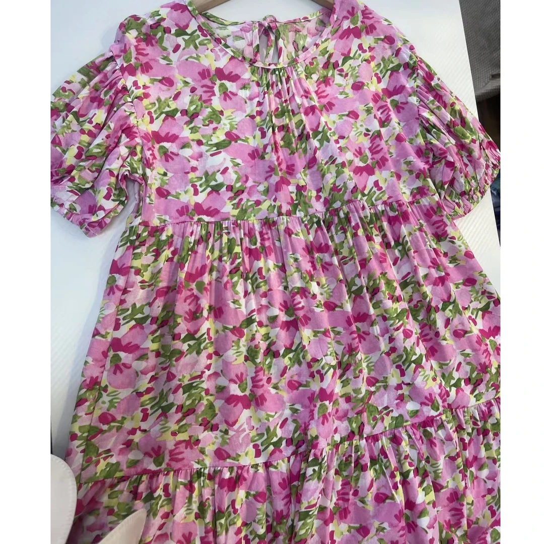 连袖连衣裙夏季一字领宽松夏款花色泡泡袖V领棉绸裙子常规显瘦