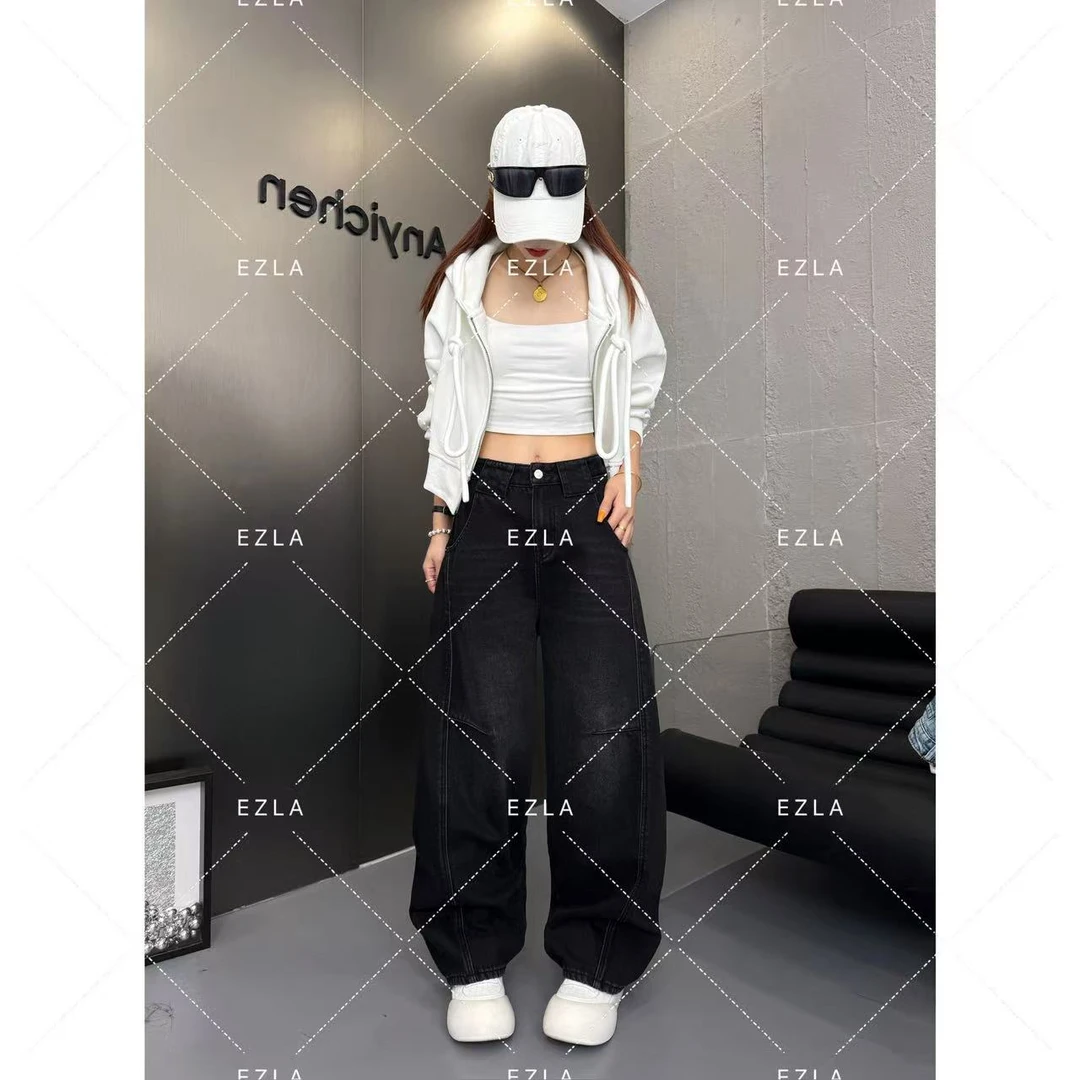 EZ8637新款加绒加厚保暖保温黑色百搭显瘦高级美式弯刀牛仔裤子女