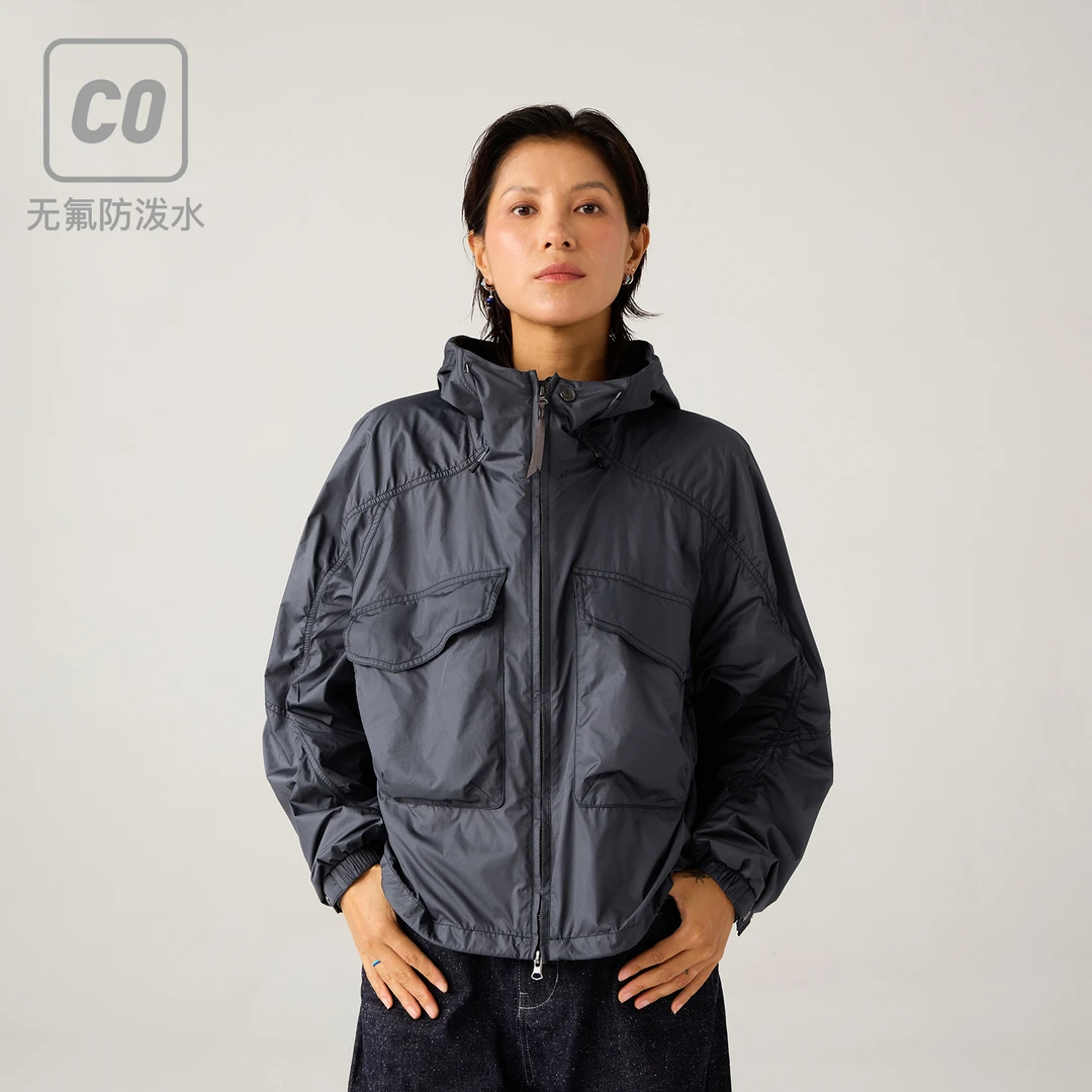 蓝岐BLUEMONTE户外无氟防泼水弯刀袖工装连帽夹克宽松休闲外套女