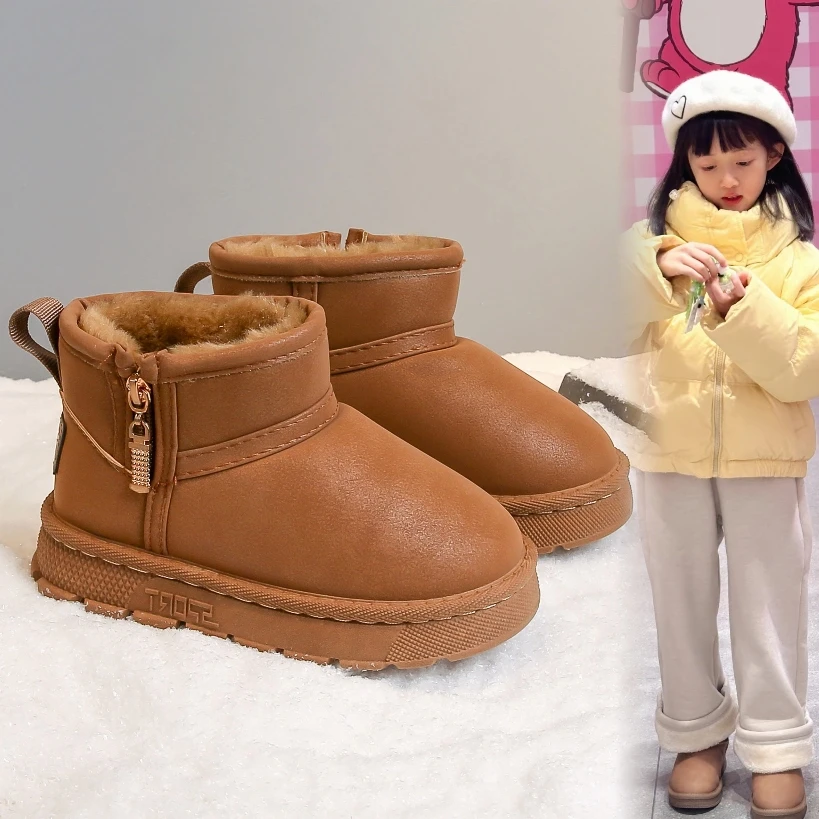 儿童加绒雪地靴加厚男童保暖防水皮面大棉靴女童时尚百搭短靴冬鞋