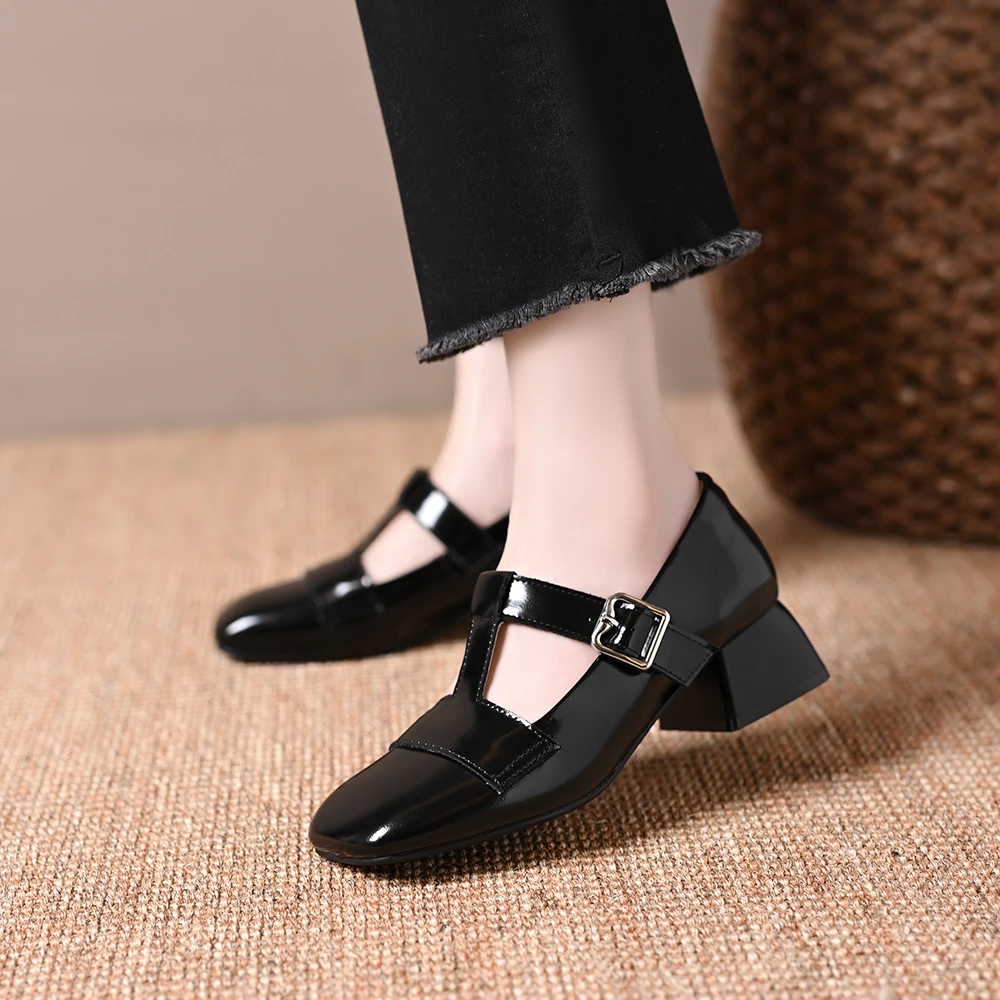 复古百搭软面方头粗跟单鞋女春秋女显瘦浅口 T字扣带通勤玛丽珍鞋