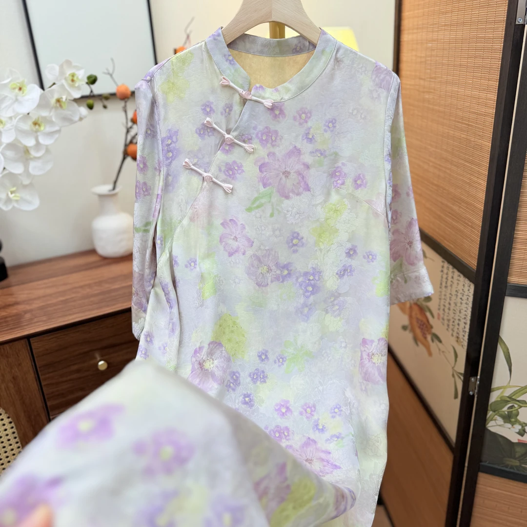 [汀兰]连衣裙长裙印花夏季汉服长款气质新中式斜襟中袖 030