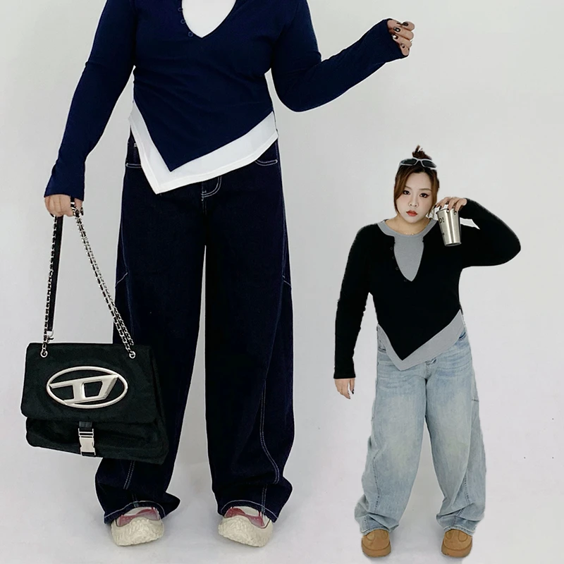 Milu家大码女装美式复古宽松阔腿拖地弯刀裤胖mm显瘦牛仔裤200斤