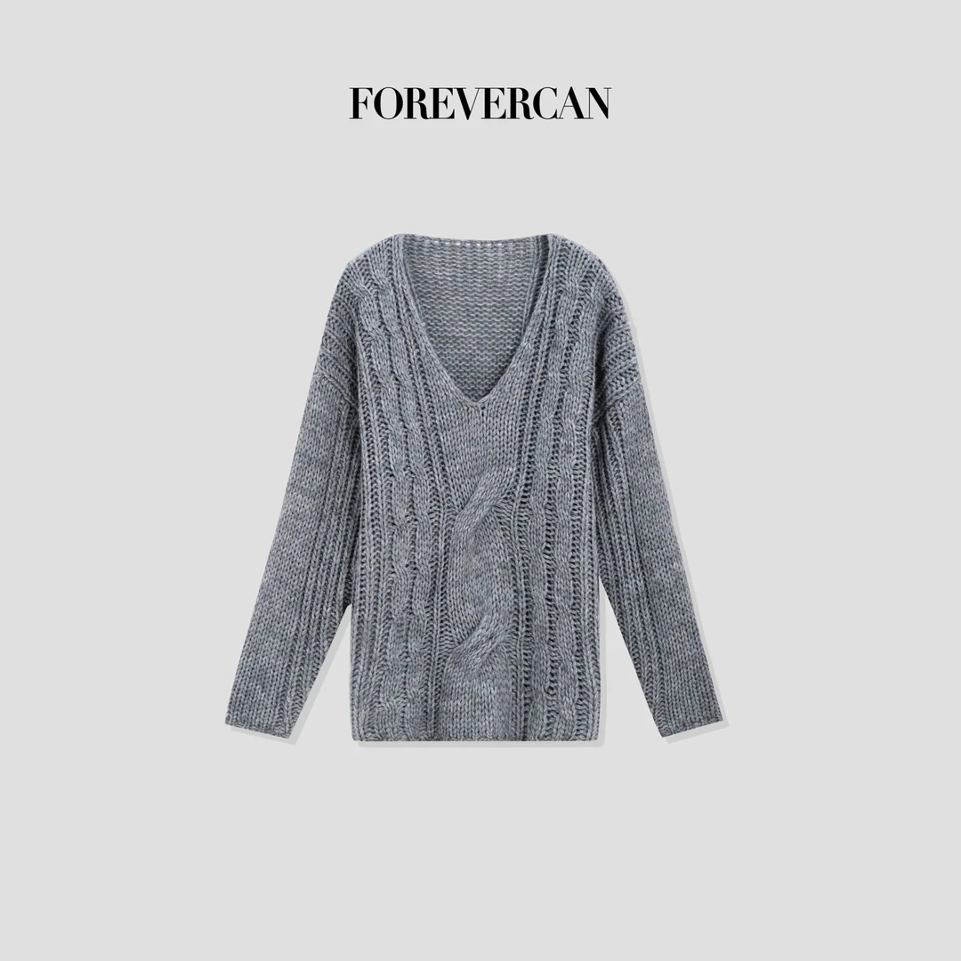 FOREVERCAN“查尔斯”慵懒风复古麻花编织宽松V领针织上衣 MY3731