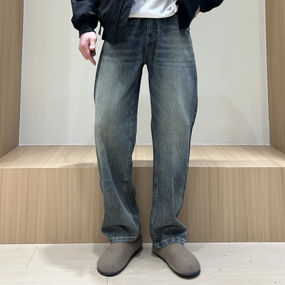 春夏季男复古长裤水洗牛仔裤做旧秋季男士直筒裤高街百搭宽松