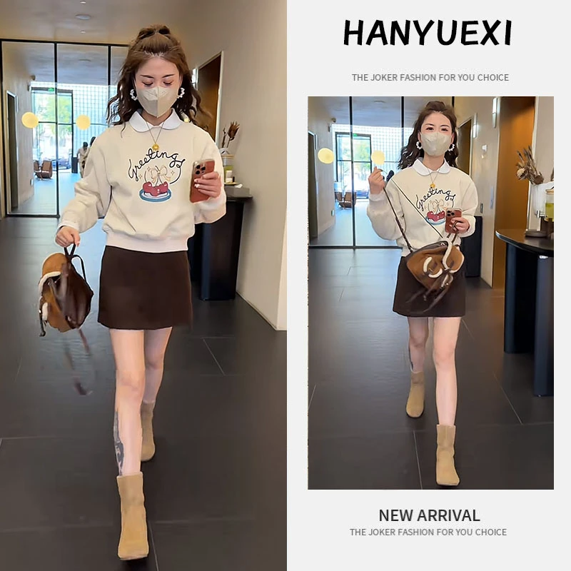 秋季时尚一整套女装2025新款韩版翻领衬衫卡通卫衣百搭短裙三件套