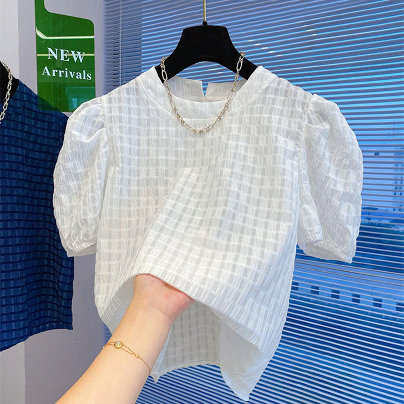 短袖泡泡袖短款格子衬衫打底衫夏装甜美夏季洋气小衫宽松白色